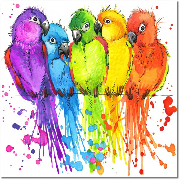 canvas-leinwandbild, blau, bunt, gelb, grun, kinder, kunst, malereien, orange, papageien, rot, stillleben-andere-gemalde, tiere, violett, voegel, vogel-fische-insekten, weiss, zeichnung