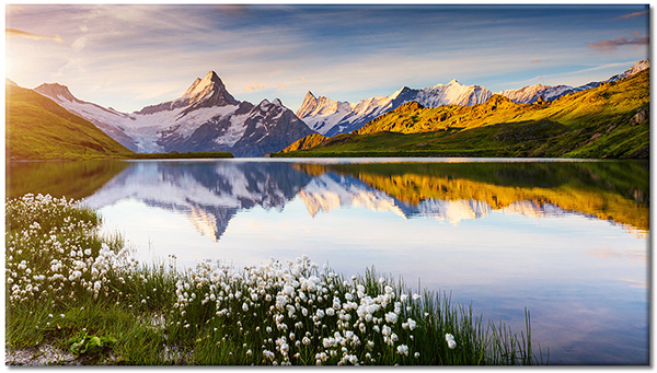 canvas-leinwandbild, alpen, berge, blau, grun, landschaft, meer-wasserfalle-seen, schweiz, seen, spiegelung, weiss