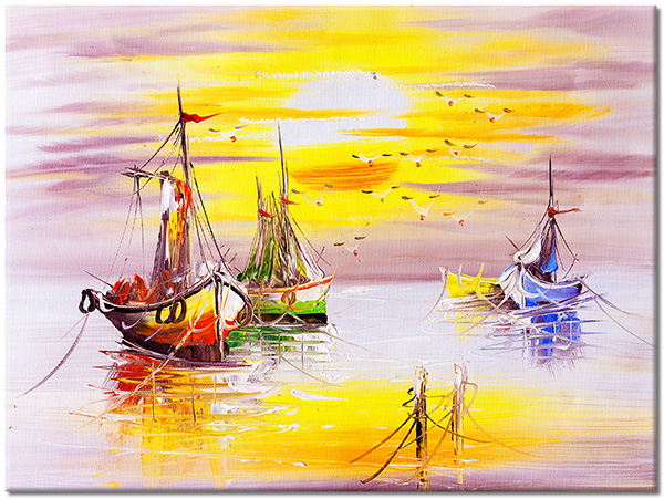 canvas-leinwandbild, beige, blau, boote-schiffe, gelb, grun, himmel, kunst, malereien, malereien-landschaften, meer, orange, sonne, sonnenuntergang, wolken