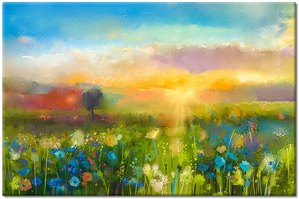 canvas-leinwandbild, blau, blumen, cyan, felder, gelb, grun, himmel, kunst, malereien, malereien-landschaften, orange, sonne, sonnenuntergang, wolken