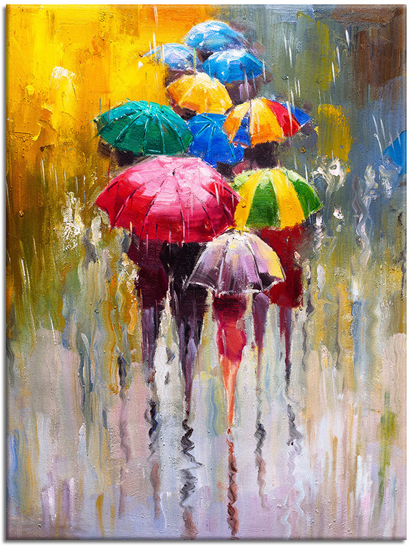 canvas-leinwandbild, blau, bunt, gelb, grun, kunst, malereien, malereien-personen-gestalten, pink, regen, regenschirme, rot, silhouetten