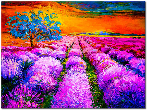 canvas-leinwandbild, baeume, blau, blumen, felder, himmel, kunst, lavendel, malereien, malereien-landschaften, orange, sonnenuntergang, violett