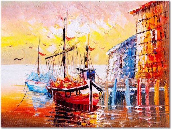 canvas-leinwandbild, beige, blau, boote-schiffe, braun, bunt, gelb, kunst, malereien, malereien-landschaften, meer, orange, pink, rot, schwarz