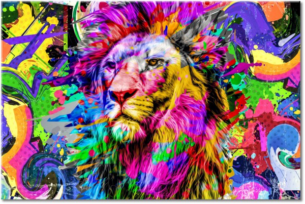 canvas-leinwandbild, abstrakt-fantasie, blau, bunt, gelb, grun, kunst, loewen, pink, pop-art, rot, tiere, violett, wildtiere, zeitgenoessische-kunst