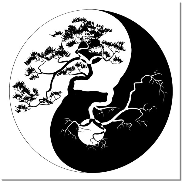 canvas-leinwandbild, bonsai, feng-shui-zen, schwarz, schwarz-weiss, weiss, yin-yang, zeichnung
