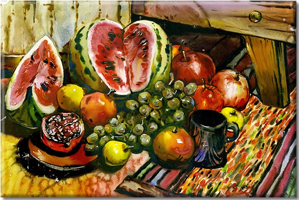canvas-leinwandbild, aepfel, beige, braun, bunt, fruchte, gelb, grun, kuche, kunst, malereien, orange, rot, schwarz, stillleben, stillleben-andere-gemalde, trauben, weiss