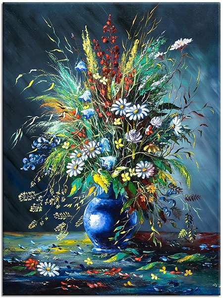 canvas-leinwandbild, blau, blumen, bunt, cyan, gelb, grau, grun, kunst, malereien, rot, stillleben, stillleben-andere-gemalde, vase, violett, weiss