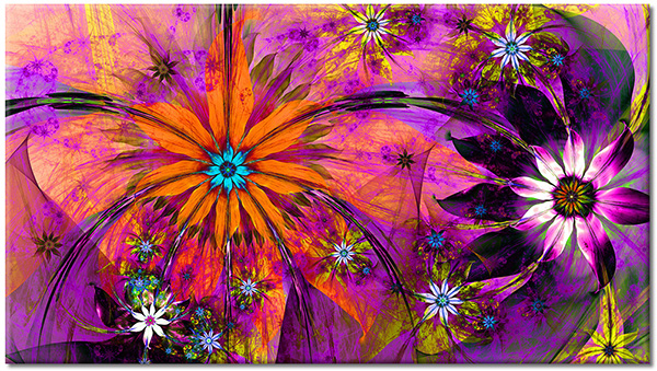 canvas print, abstract-fantasy, art, contemporary-art, flowers, fractal-art, miscellaneous, orange, others, paintings, petals, purple, still-life-other-paintings, yellow