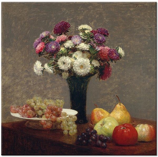 canvas print, apples, art, beige, daisies, fantin-latour, flowers, food-drinks, fruit, grapes, gray, green, kitchen, miscellaneous, multicolour, painters, paintings, purple, red, still-life, still-life-other-paintings, vase, white, yellow
