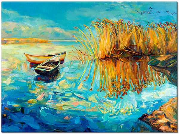 canvas print, art, blue, boats-ships, cyan, lakes, orange, paintings, paintings-landscapes, reed