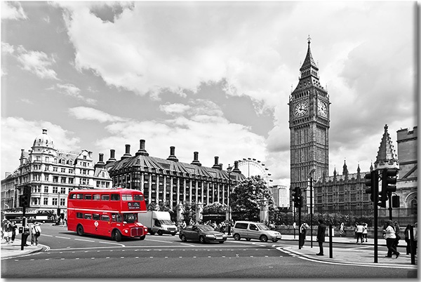 canvas print, big-ben, black, black-white, buildings, buses, cars, cities, gray, great-britain, landscapes, landscapes-urban-rural, london, red, tourism, white