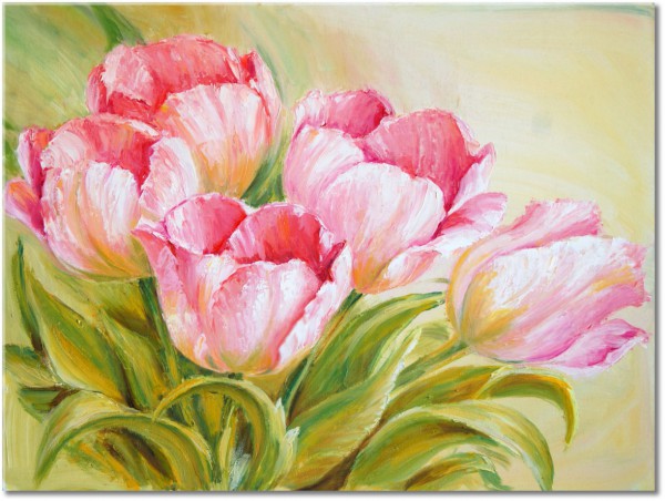 canvas print, art, beige, flowers, green, orange, paintings, pink, red, still-life-other-paintings, tulips, yellow