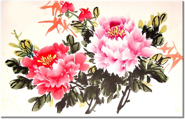 canvas print, art, beige, black, china, drawing, flowers, paintings, peonies, pink, red, still-life-other-paintings, white
