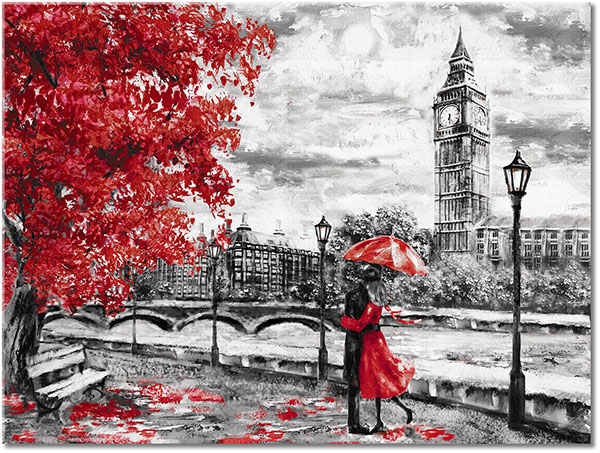 canvas print, art, autumn, big-ben, black, black-white, buildings, cities, couples, gray, great-britain, london, paintings, paintings-characters, paintings-landscapes, pink, red, white