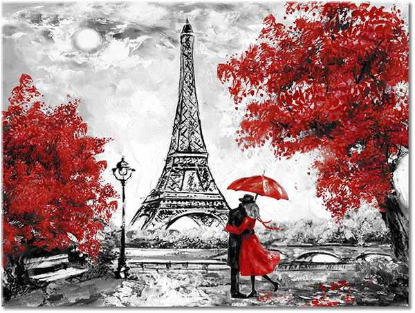canvas print, art, autumn, black, black-white, cities, couples, eiffel-tower, france, gray, paintings, paintings-characters, paintings-landscapes, paris, pink, red, tourism, white