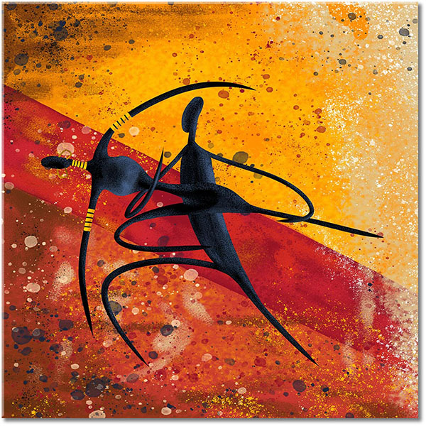 canvas print, abstract-fantasy, abstract-paintings, africa, art, beige, black, blue, brown, contemporary-art, dance, ethnic, orange, paintings, red, silhouettes, yellow
