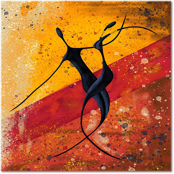 canvas print, abstract-fantasy, abstract-paintings, africa, art, beige, black, blue, brown, contemporary-art, couples, dance, ethnic, orange, paintings, red, silhouettes, yellow