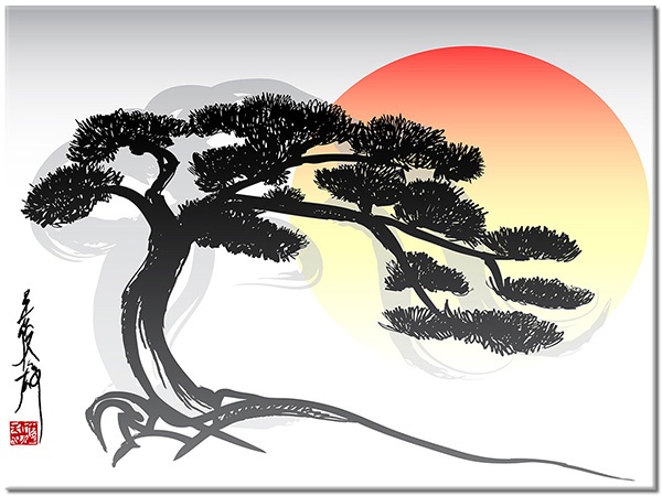 canvas print, abstract-fantasy, black, bonsai, drawing, feng-shui-zen, gray, japan, miscellaneous, orange, others, red, sun, trees, white, yellow