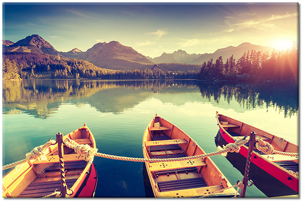 canvas print, beige, boats-ships, brown, forests, green, lakes, landscapes, mountains, sea-waterfalls-lakes, sunrise