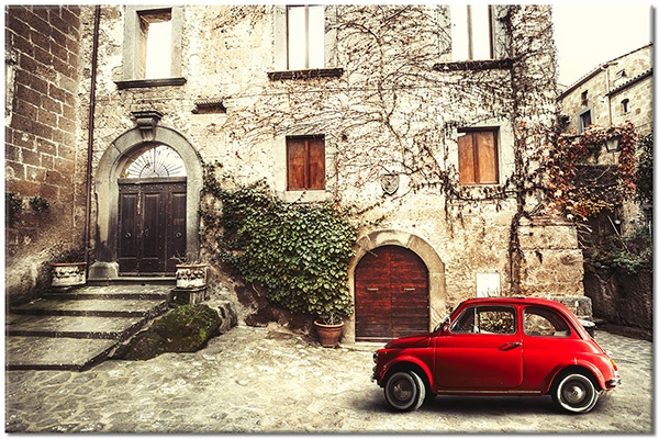 canvas print, beige, brown, buildings, cars, cities, fiat, green, landscapes, landscapes-urban-rural, red, vintage