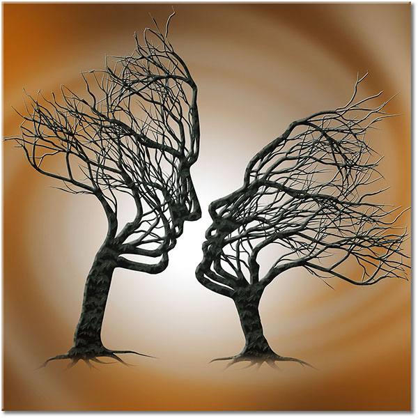 canvas print, abstract-fantasy, art, beige, black, brown, contemporary-art, couples, gray, kiss, orange, portraits, silhouettes, trees, white, wood