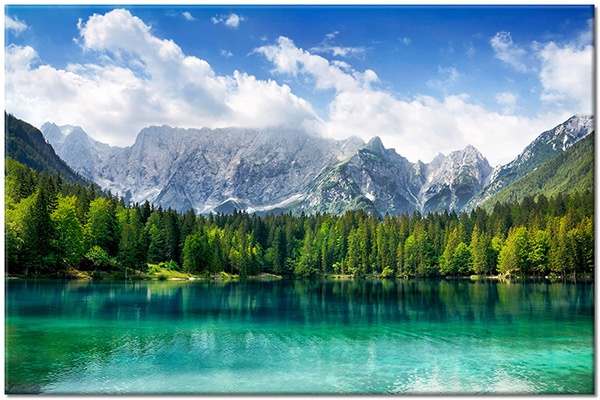 canvas print, blue, clouds, cyan, forests, forests, gray, green, lakes, landscapes, mirroring, mountains, river, sky, trees, white