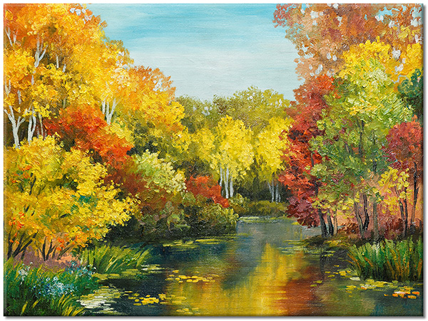 canvas print, art, autumn, forests, green, orange, paintings, paintings-landscapes, red, river, trees, yellow