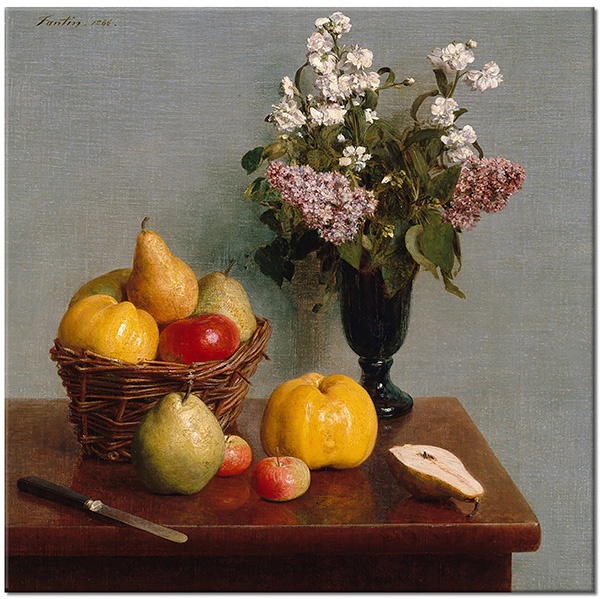 canvas print, apples, art, brown, fantin-latour, flowers, food-drinks, fruit, gray, green, kitchen, lilac, miscellaneous, painters, paintings, purple, red, still-life, still-life-other-paintings, vase, white, yellow