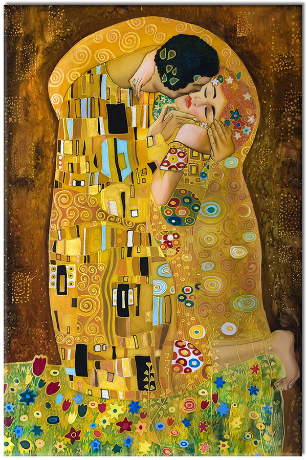 canvas print, abstract-fantasy, abstract-paintings, art, blue, brown, couples, green, kiss, klimt, multicolour, orange, painters, paintings, yellow