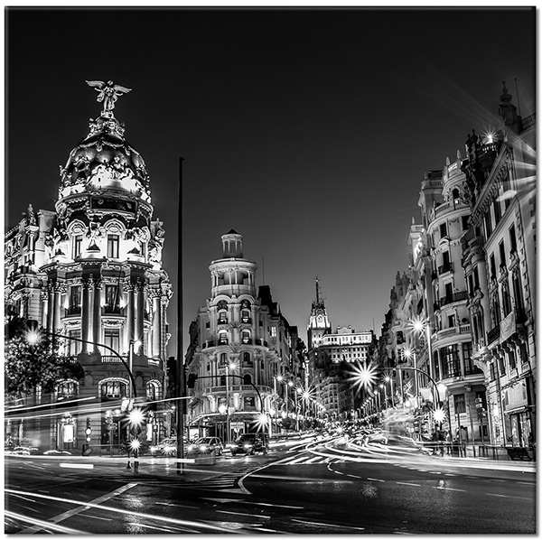 canvas print, black, black-white, cities, gray, landscapes, landscapes-urban-rural, madrid, night, spain, street, white