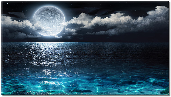 canvas print, abstract-fantasy, black, blue, clouds, cyan, landscapes, moon, night, sea, sea-waterfalls-lakes, sky, water, white