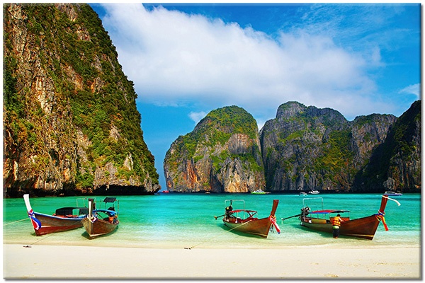 canvas print, beach, beige, blue, boats-ships, brown, cliffs, clouds, cyan, gray, green, landscapes, sea, sea-waterfalls-lakes, sky, thailand, tourism, white