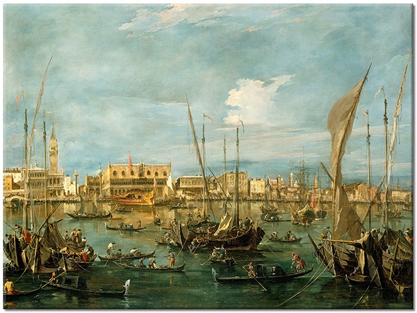 canvas print, art, beige, blue, boats-ships, brown, buildings, cars-trains-boats-planes, cities, green, guardi, italy, landscapes, landscapes-urban-rural, miscellaneous, paintings, paintings-landscapes, sea, venice