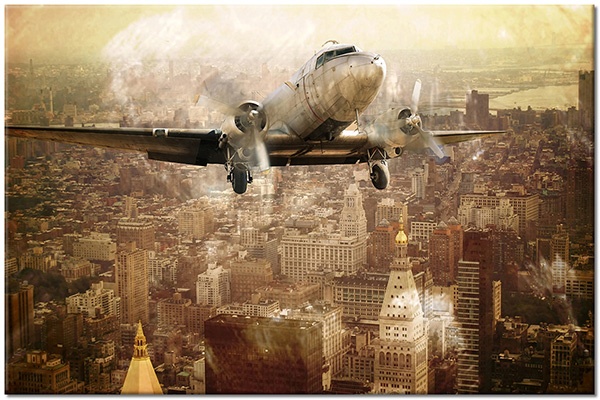 canvas print, beige, brown, buildings, cars-trains-boats-planes, cities, flight, landscapes, landscapes-urban-rural, miscellaneous, new-york, orange, planes, sepia, united-states, vintage, yellow