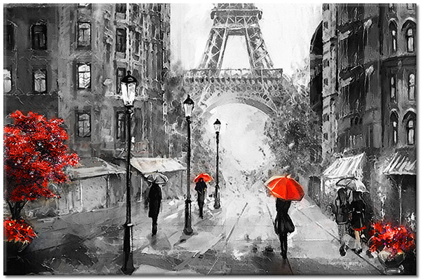 canvas print, art, black, black-white, buildings, cities, eiffel-tower, france, gray, landscapes, landscapes-urban-rural, paintings, paintings-landscapes, paris, red, silhouettes, street, umbrellas, white
