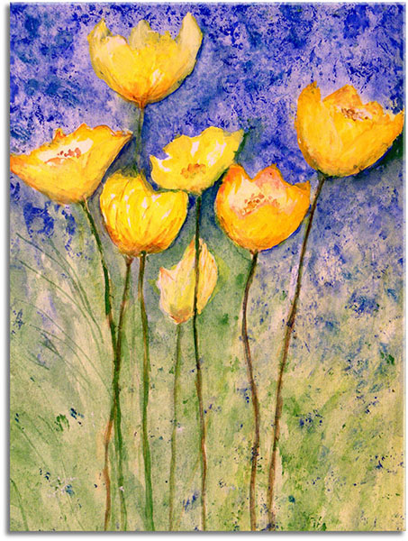 canvas print, art, blue, flowers, green, orange, paintings, poppies, purple, still-life-other-paintings, watercolour, yellow