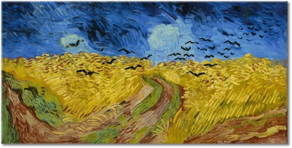 canvas print, art, black, blue, brown, fields, painters, paintings, paintings-landscapes, van-gogh, wheat, yellow