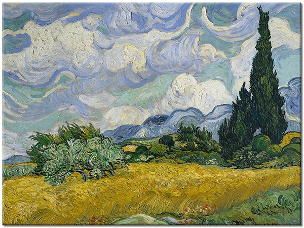 canvas print, art, blue, clouds, fields, flowers, green, landscapes, painters, paintings, paintings-landscapes, sky, trees, van-gogh, various-landscapes, wheat, yellow