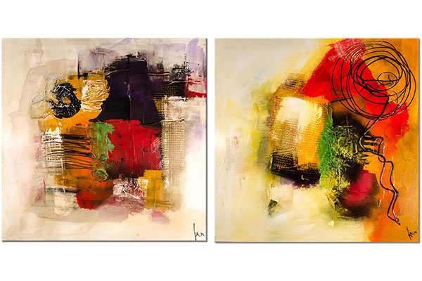 Set von 2 Leinwandbilder: Abstrakte Malerei auf sichtbarer Leinwand