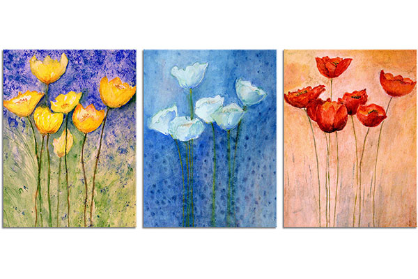 Set von 3 Leinwandbilder: Aquarelle mit gelben, blauen und roten Mohnblumen