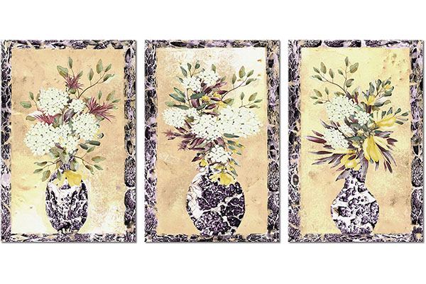 Set von 3 Leinwandbilder: Drei Vasen mit weißen Blumen im Rahmen