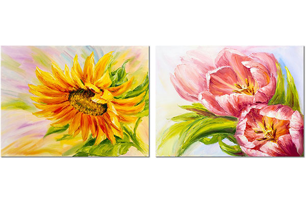 Set von 2 Leinwandbilder: Gemälde von Sonnenblumen und Tulpen