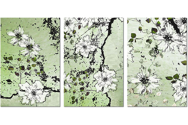 Set von 3 Leinwandbilder: Skizze von weißen Blüten auf Zweigen