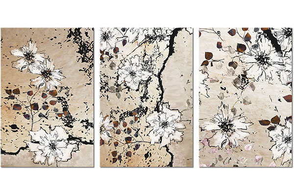Set von 3 Leinwandbilder: Skizze von weißen Blüten auf Zweigen