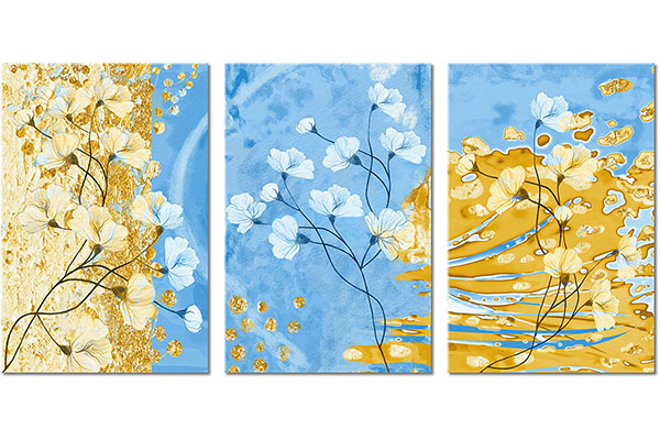 Set von 3 Leinwandbilder: Weiße Blüten auf blau-goldenem Grund