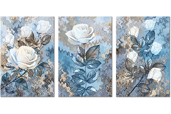 Set von 3 Leinwandbilder: Weiße Rosen auf Hintergrund mit Wellen