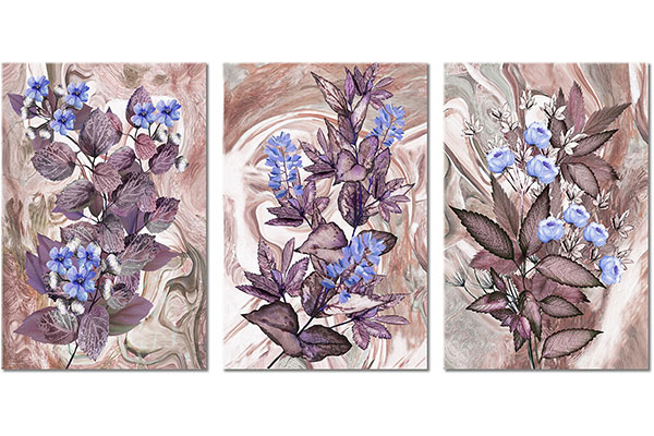 Set von 3 Leinwandbilder: Zweige mit Blumen auf fließenden Hintergründen