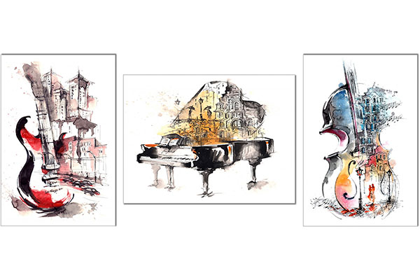 set of 3 canvas prints: Abstract Guitar, Piano and Violin