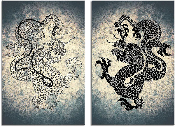 set of 2 canvas prints: Drawing of Black and White Dragons