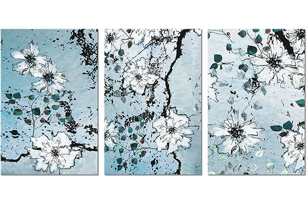 set of 3 canvas prints: Sketch of white flowers on branches